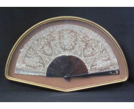 TWO 19TH CENTURY LACE FANS, one with mother of pearl frame, one with tortoiseshell or simulated tortoiseshell frame, inlaid i
