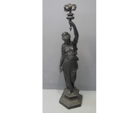 19TH CENTURY BRONZED SPELTER FIGURAL FLOOR OR STANDARD LAMP, in the form of a woman in Grecian dress holding a lamp aloft, or