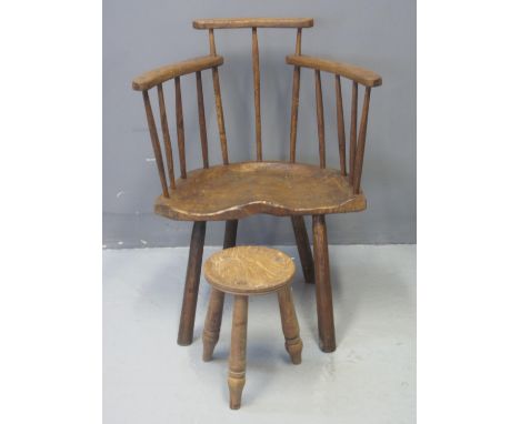 SMALL PRIMITIVE BEECH, ASH AND ELM STICK BACKED CHILD'S CHAIR with raised comb, moulded seat on four legs. Together with a sm