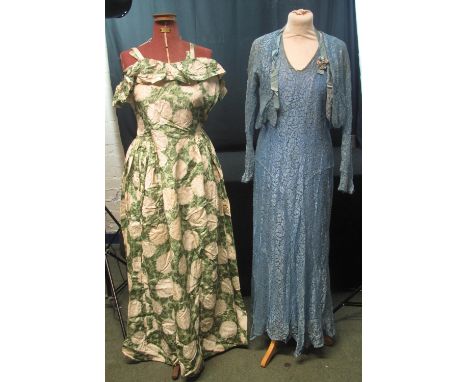 FOUR VINTAGE 1930'S DRESSES to include; two strapless lace dresses with boleros, one pale blue the other black with sheer pan