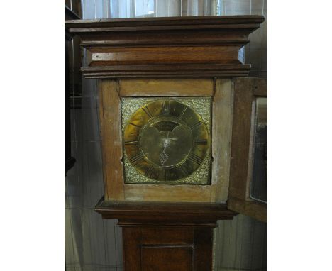 18TH CENTURY HEREFORDSHIRE OAK 30 HOUR LONGCASE CLOCK marked 'Ralph Sayer, Kington', the case with flat moulded hood above sq