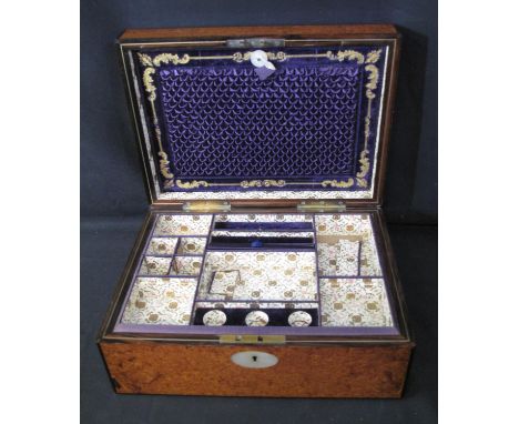 19TH CENTURY BIRDS EYE MAPLE LADIES WORK BOX having hinged cover with mother of pearl escutcheon, fitted interior with lift o