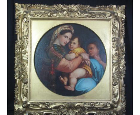 AFTER THE OLD MASTER (19th Century), portrait group, the Virgin Mary, Jesus and infant St John. Oils. Gilded foliate frame. (