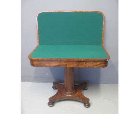 19TH CENTURY MAHOGANY CARD TABLE, the hinged lid revealing a green baize above cylinder pedestal, standing on quatreform base