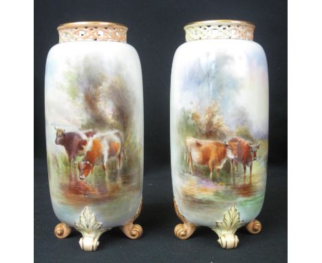 PAIR OF ROYAL WORCESTER PORCELAIN VASES of ovoid form hand painted by Harry Stinton and signed, with Highland cattle, the rev