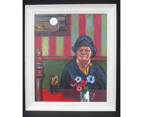 JOHN BOWEN (Contemporary Welsh, 1914-2006), portrait of a woman with drinking glass and vase of poppies, signed and dated '03