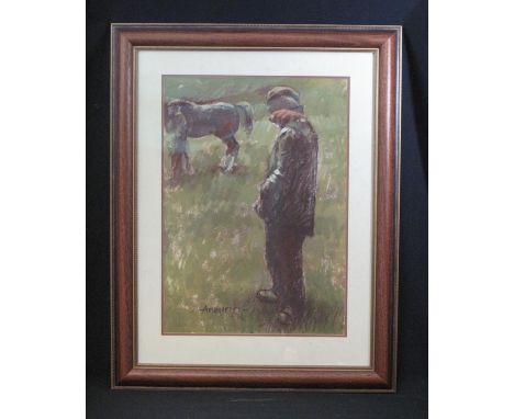 ANEURIN M JONES (Welsh, 1930-2017), portrait of a farmer admiring Welsh Cob with handler, signed, gouache and pastels, 57 x 4