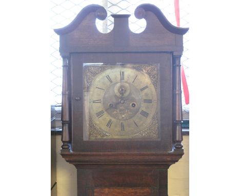 LATE 18TH/EARLY 19TH CENTURY OAK CASED 8 DAY TWO TRAIN LONGCASE CLOCK by 'James Green of Gloucester', the hood having broken 