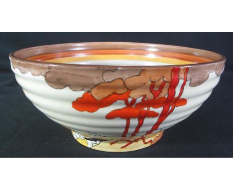 CLARICE CLIFF BIZARRE NEWPORT POTTERY 'CORAL FIRS' RIBBED BOWL, impressed shape no. mark 633, printed marks to the base. Diam