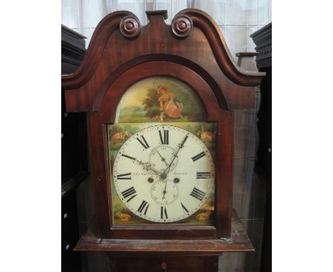 19TH CENTURY CHANNEL ISLANDS MAHOGANY 8 DAY LONGCASE CLOCK marked J. Le Gallais, Jersey, the case with later turned finials, 