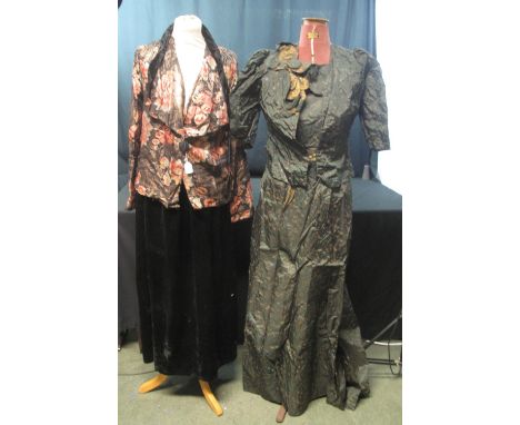 COLLECTION OF VINTAGE CLOTHING (20'S-40'S) ; to include a 20's/30's black velvet skirt and floral jacquard jacket with velvet