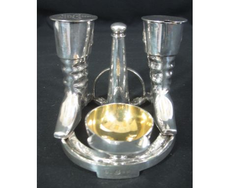 19TH CENTURY ELKINGTON & CO SILVER PLATED NOVELTY JOCKEY CLUB CRUET SET to include; riding boots for the salt and pepper pots