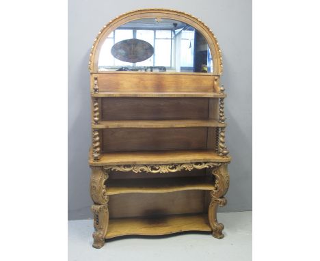 VICTORIAN ROSEWOOD WHATNOT the carved mirror back above five shaped shelves of waterfall design with barley twist and bobbin 