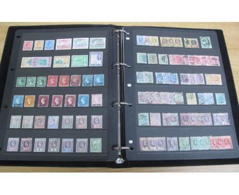 BRITISH COMMONWEALTH MINT AND USED STAMP COLLECTION on pages in black binder. About 1400 stamps, Queen Victoria to King Georg