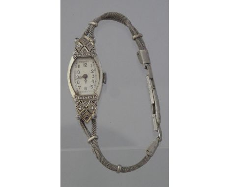 18CT WHITE GOLD LADIES ART DECO DESIGN SMALL HEAD COCKTAIL WATCH, the Art Deco design case set with small diamonds around a p