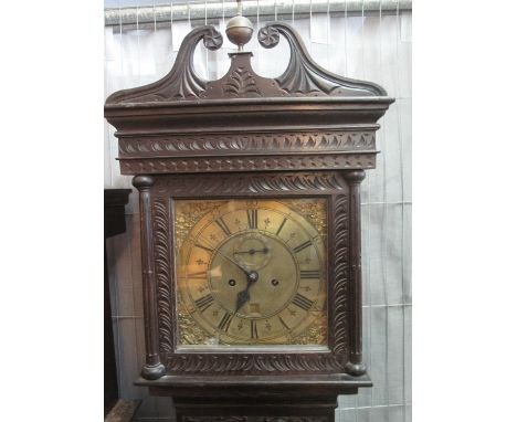 18TH CENTURY OAK 8 DAY LONGCASE CLOCK the face marked Joshua Alloway?, Taunton, the case overall later carved with broken swa