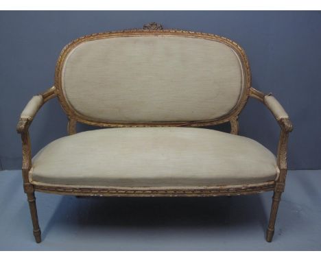 FRENCH STYLE CARVED AND GILDED OPEN ARM PARLOUR SOFA having moulded and beaded frame, upholstered padded back and seat with p