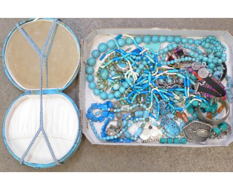 Turquoise jewellery including bead necklaces, bracelets, brooches, a bangle, ring, etc.