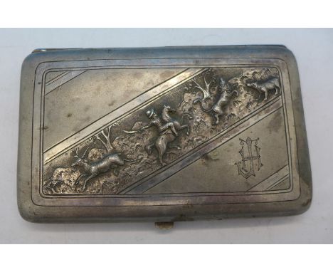 A silver cigarette case with hunting scene, 188g (not marked, tests as silver)