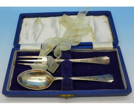 A silver fork and spoon Christening set, boxed, 46.8g