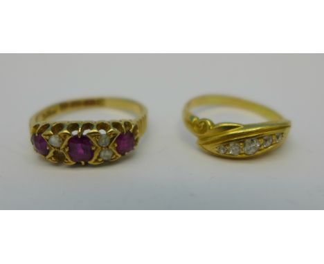 A Victorian 18ct gold, ruby and diamond ring, lacking one diamond, and a yellow metal and diamond ring, 2.7g, L and 2.5g, H