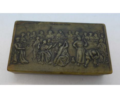 A 19th Century pressed horn snuff box, Noces De Cana or Marriage at Cana, scene of first miracle attributed to Jesus, water i