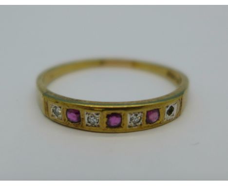 A 9ct gold, ruby and diamond ring, 1.7g, T