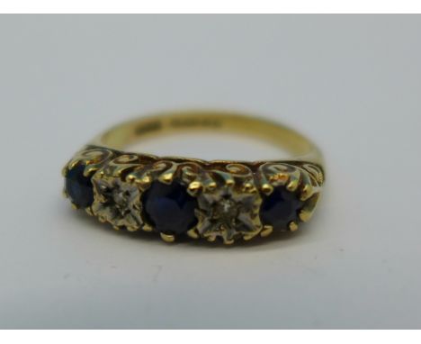 A 9ct gold, diamond and sapphire ring, 2g, I