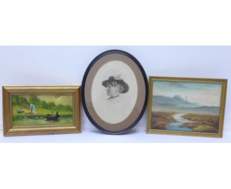 Two oils on board and an oval framed photograph portrait of a lady