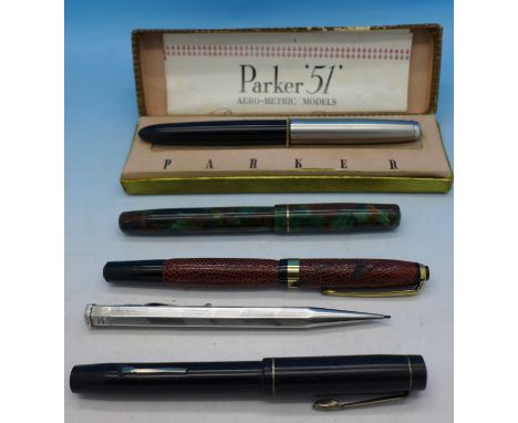 Four fountain pens, two with 14ct gold nibs, and a plated Yard-O-Led pencil