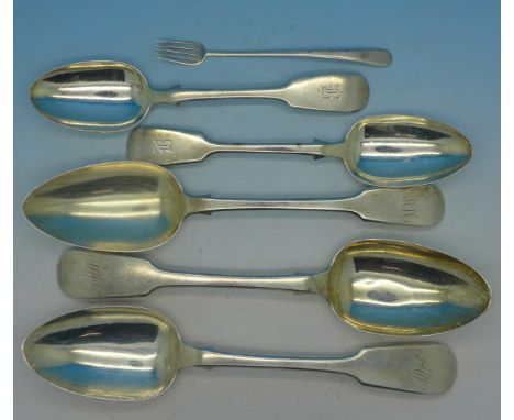 A pair of Victorian Scottish silver spoons, three other Victorian silver spoons, (2+1), and a Georgian silver pickle fork, 34