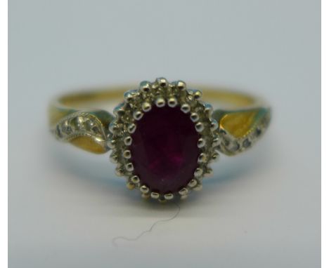 A 9ct gold, ruby and diamond ring, 3.1g, T