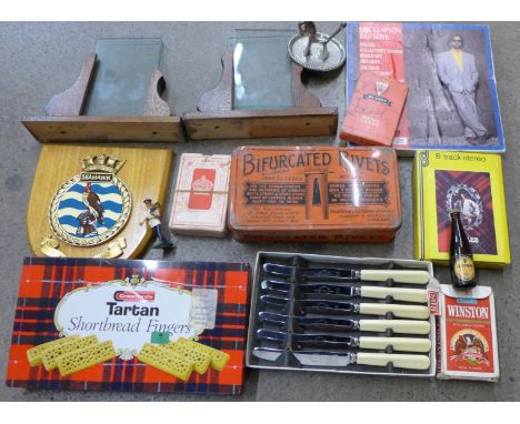 An Eric Clapton boxed single set, flatware, photograph frames, playing cards, etc.