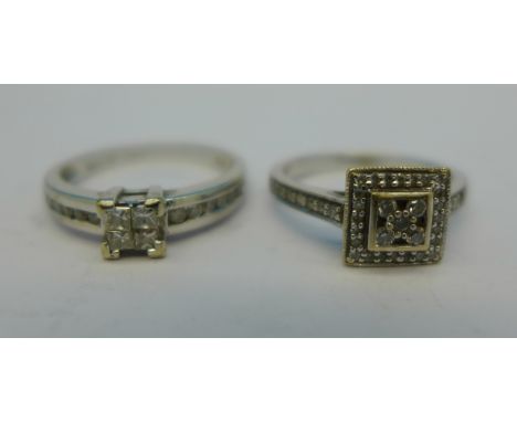 A 9ct gold and diamond ring and an 18ct gold and diamond ring, (2.4g, L and 2.7g, I)