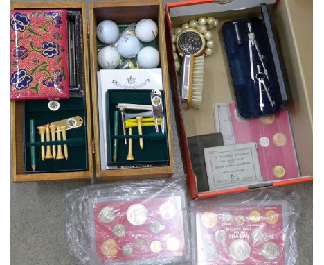 Three Great Britain pre-decimal coin sets, a Helix technical drawing set, harmonica, golf balls and tees, etc.