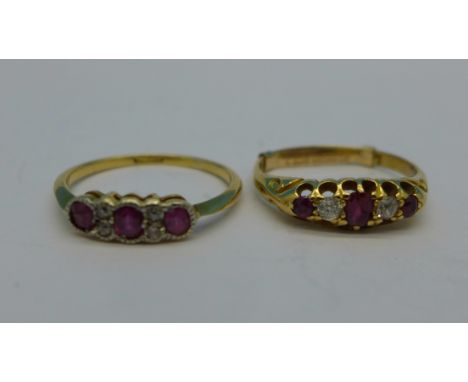 Two 18ct gold, ruby and diamond rings, 5g, L and O