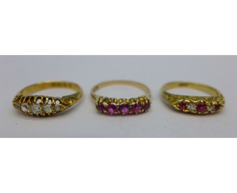 An 18ct gold and white stone ring, an 18ct gold and ruby ring and an 18ct gold, ruby and diamond ring, (3g, L, 3.4g, N and 3.