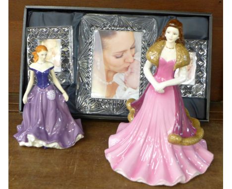 A Royal Worcester figure Isla Scotland, a Coalport figure Jadie, boxed and a boxed set of three lead crystal photograph frame