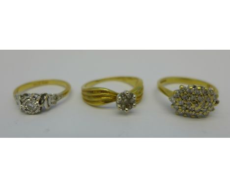 Three 18ct gold and diamond rings, 10.6g, K, N and O