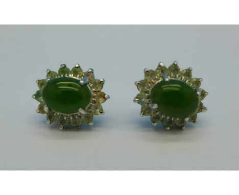 A pair of jade and white stone earrings, set in white metal, 2.6g