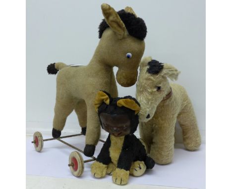 Soft toys comprising Merrythought, Chiltern and a donkey on wheels (3)