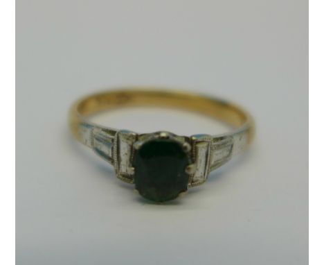 A 9ct gold, silver and green stone ring, 2g, N