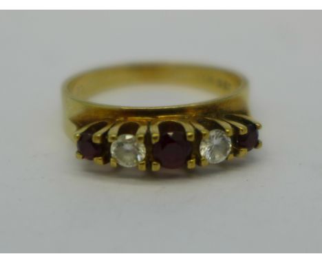 A 9ct gold, red and white stone ring, 3.4g, P