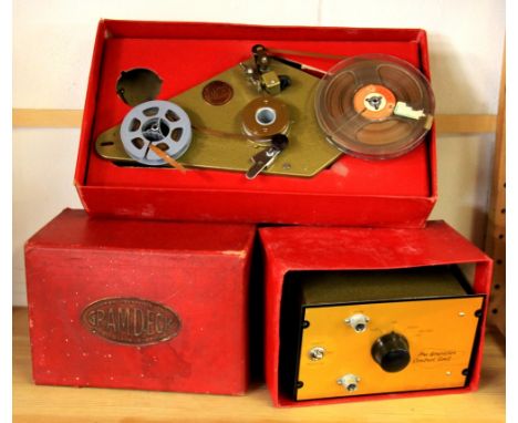 A vintage boxed Gramdec reel to reel tape recorder to be mounted on a record player with amplifier.