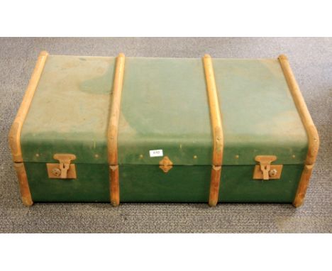 A wooden bound cabin trunk.