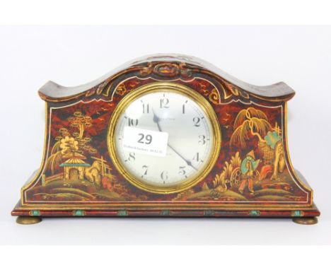 A Mappin & Webb 1920s chinoiserie decorated mantle clock, H. 14cm, W. 26cm.