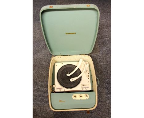 A vintage Marconi portable record player featuring a Garrard deck.