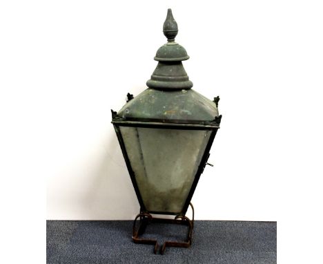 A large exterior wall mounted copper and glass street gas lamp shade, H. 100cm.