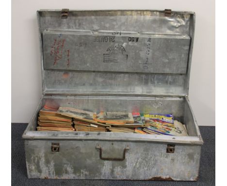 A large galvanised trunk containing model railway engineering magazines.