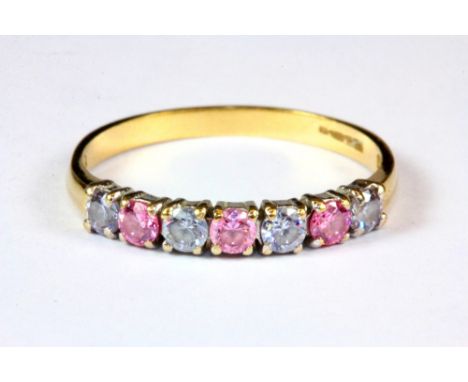 A pretty 9ct gold ring set with pink and blue semi-precious stones, (Q).